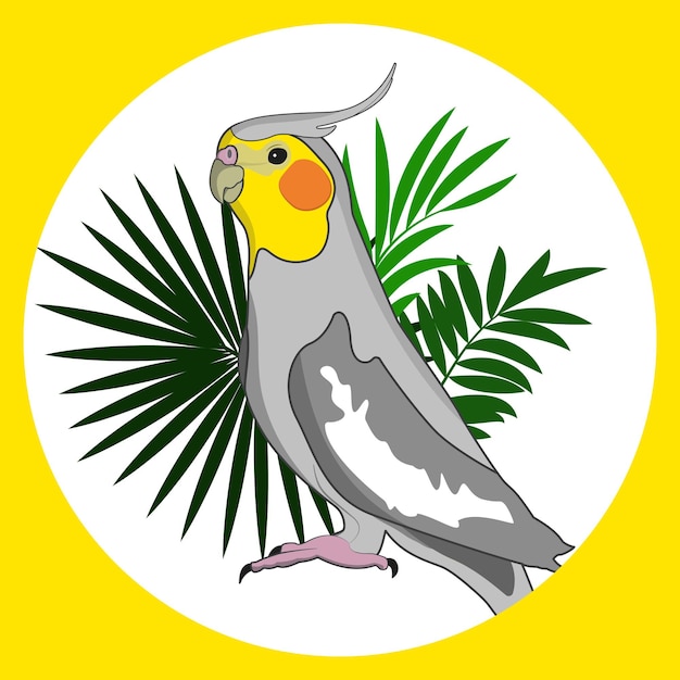 Vector stylish illustration of a cockatiel parrot with leaves