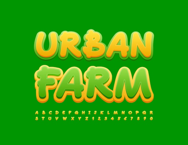 Vector stylish Poster Urban Farm  Bright Handwritten Font Artistic Alphabet Letters and Numbers