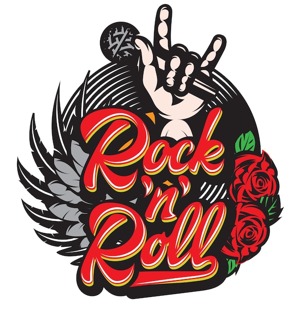 Vector stylish print template on the theme of rock with microphone wing vinyl rose