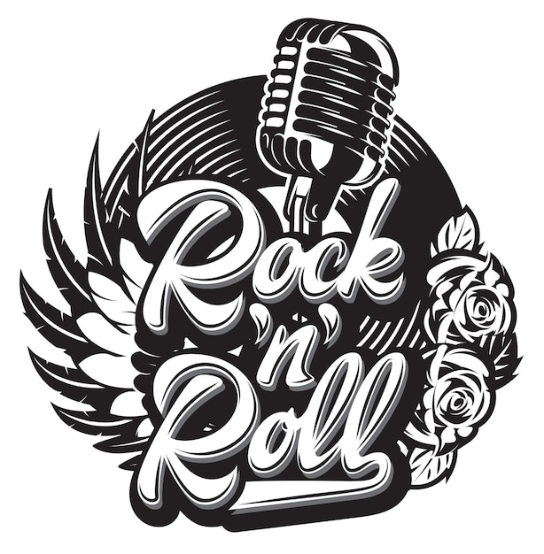 Vector stylish print template on the theme of rock with microphone wing vinyl rose