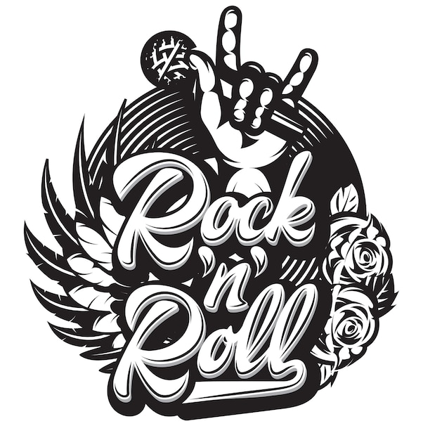 Vector stylish print template on the theme of rock with microphone wing vinyl rose