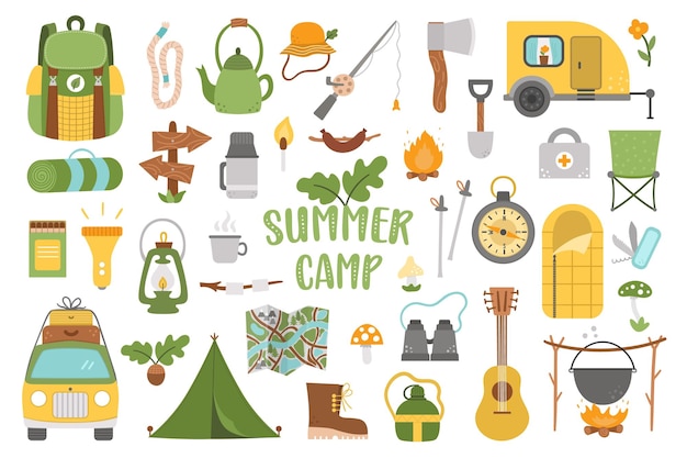 Vector summer camp set Camping hiking fishing equipment collection Outdoor nature tourism icons pack with backpack van rod clothes fire place sleeping bag Forest travel elements xA