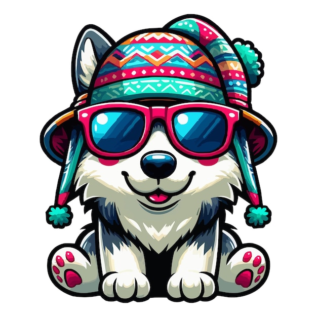 Vector Summer cartoon Eskimo Dog with hat and sunglass