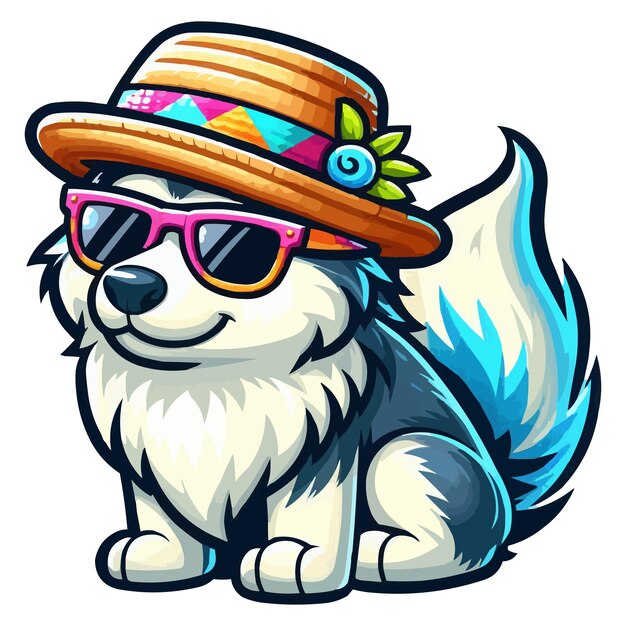 Vector Summer cartoon Eskimo Dog with hat and sunglass