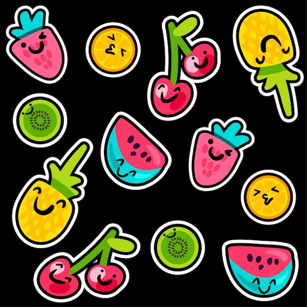 Vector Summer Fruits Patterns in cartoon style. Fruits and berries. Sweet backdrop