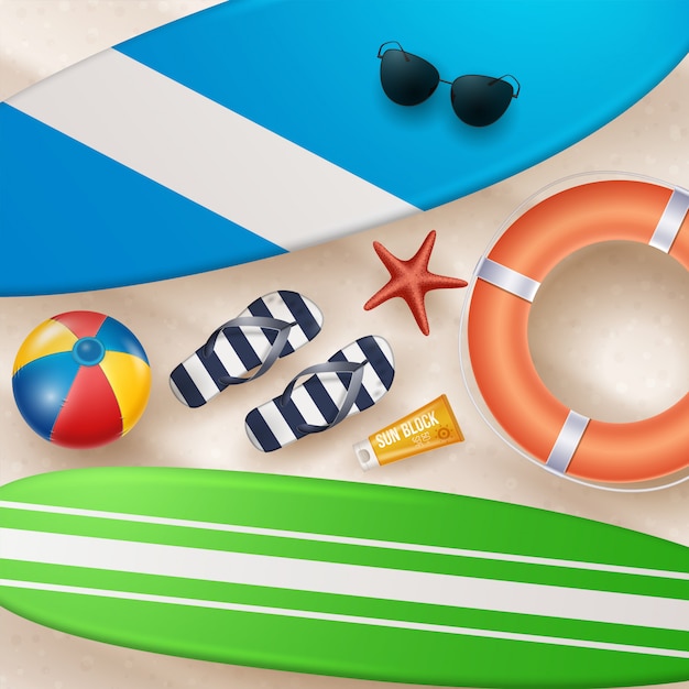 Vector Summer Holiday Illustration with Beach Ball, Palm Leaves, Surf Board on Beach Sands.