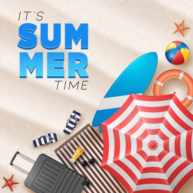 Vector Summer Holiday Illustration with Beach Ball, Palm Leaves, Surf Board and Typography Letter on Beach Sands.