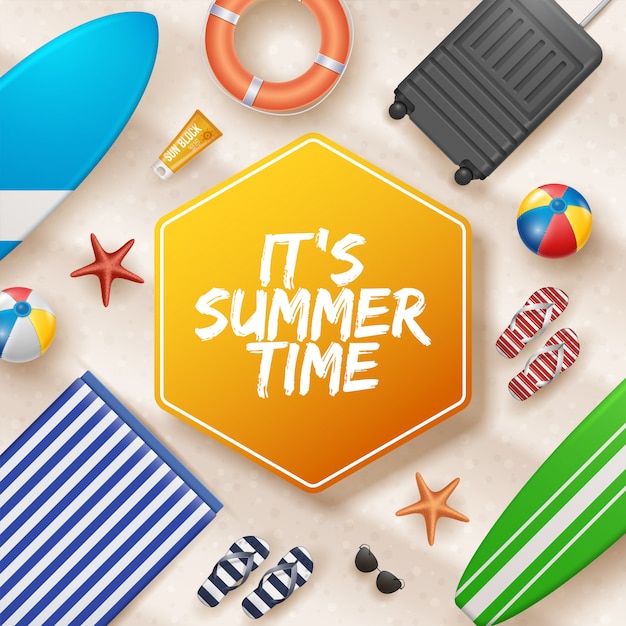 Vector Summer Holiday Illustration with Beach Ball, Palm Leaves, Surf Board and Typography Letter on Beach Sands.