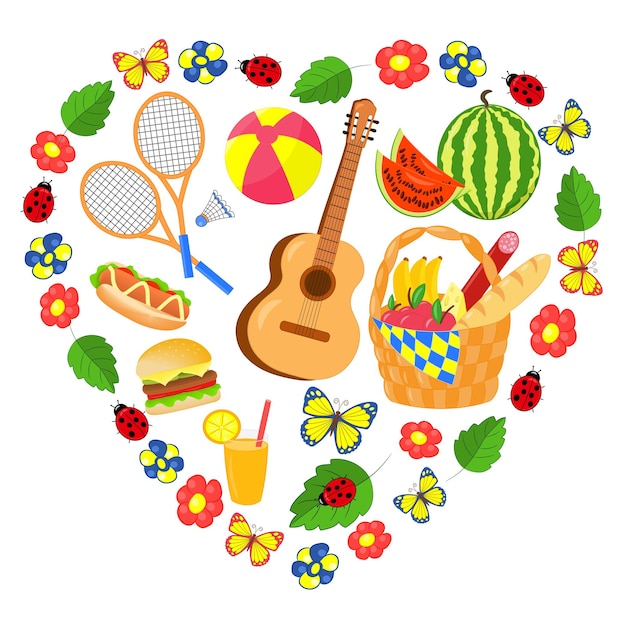 Vector summer picnic set: food basket, fruit, guitar, badminton, ball - in heart of flowers and butterflies on white background