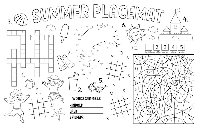 Vector summer placemat for kids Beach holidays printable activity mat with crossword tic tac toe charts color by number Black and white play mat or coloring page with children icecreamxA