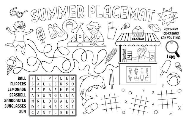 Vector summer placemat for kids Beach holidays printable activity mat with wordsearch tic tac toe charts maze Black and white play mat or coloring page with cute children icecream sandcastle xA