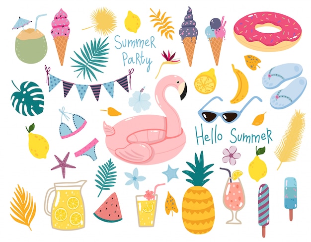 Vector summer set with pool floats, cocktails, tropical fruits, ice creams, palm leaves.