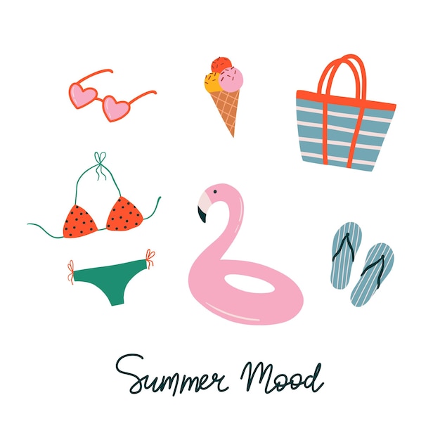 Vector summer time illustration card with sunglasses, ice cream, flamingo inflatable swimming pool