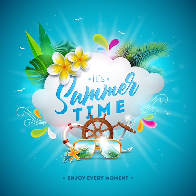 Vector Summer Time Illustration with Flower and Sunglasses