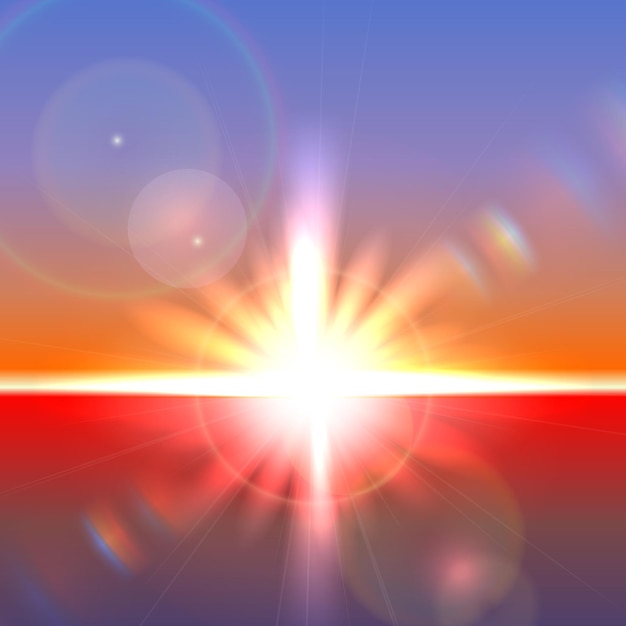 Vector sun over horizon with lens flares