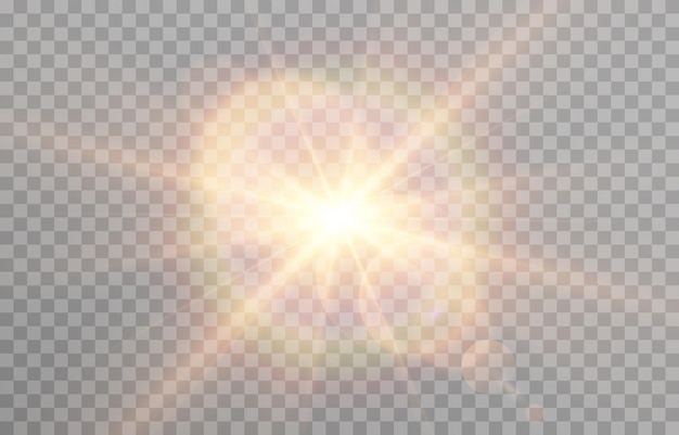 Vector sun light with glare. Golden flash png. Sun rays png. Glare from the sun, dawn, light effect.