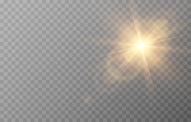 Vector sun light with glare. Golden flash png. Sun rays png. Glare from the sun, dawn, light effect.