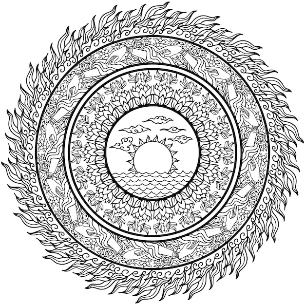 Vector Sun Mandala Coloring Page Outline