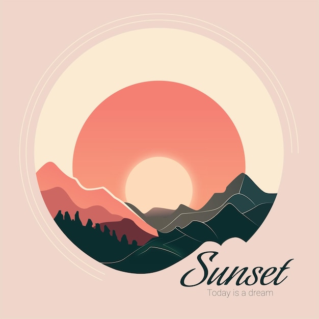 vector sunset in the mountain. Sunrise over the mountain. Sky color pink.