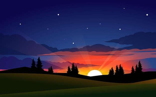 Vector sunset nature landscape with trees in silhouette in meadow