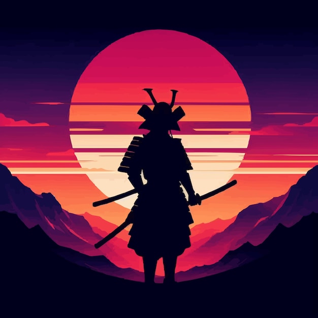 Vector sunset samurai silhouette background