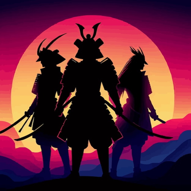 Vector sunset samurai silhouette background