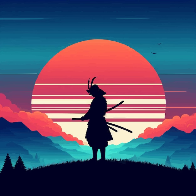 Vector sunset samurai silhouette background