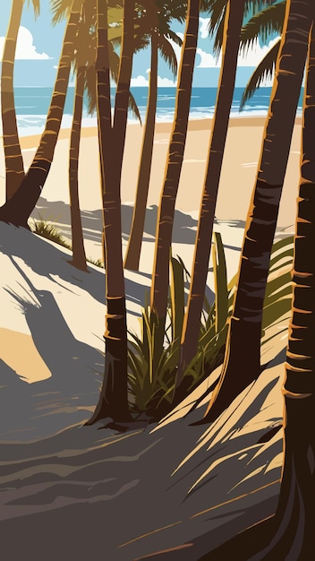 vector of a sunset with palm trees and a beach scene in the background