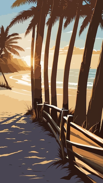 vector of a sunset with palm trees and a beach scene in the background