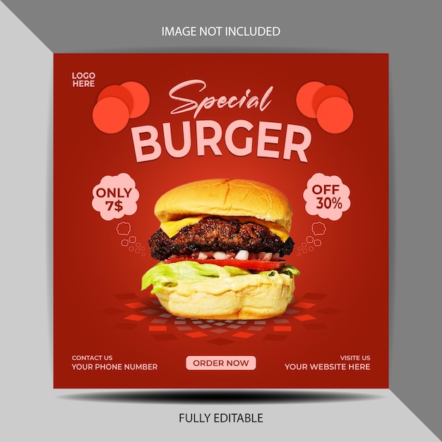 Vector Super Delicious Burger web banner post template and promotional Design