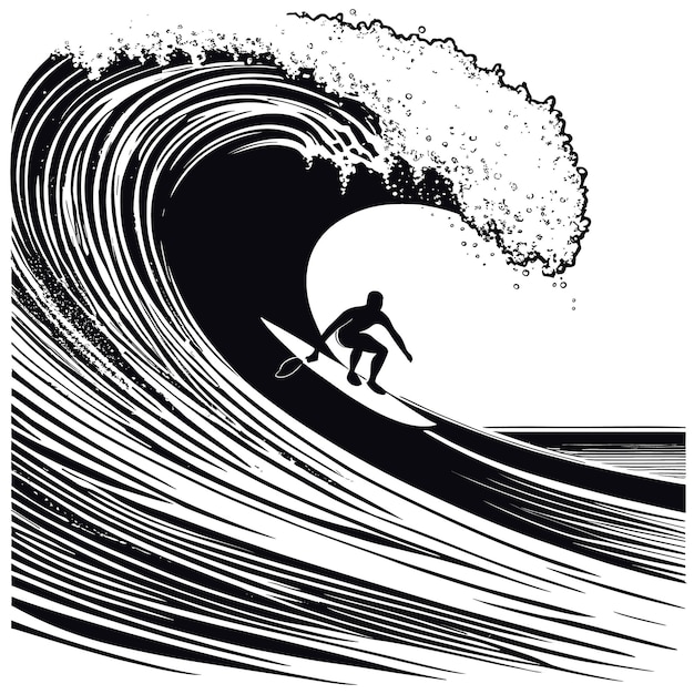 Vector vector surfer and big wave engraving style vector illustration logo