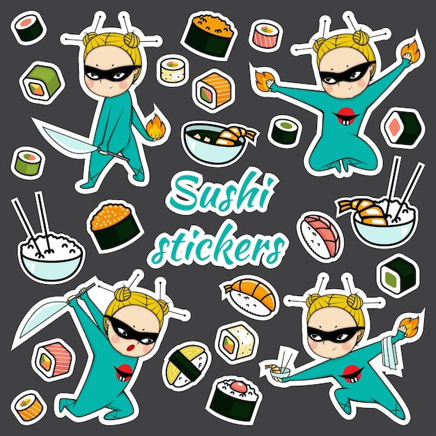 Vector sushi stickers pattern