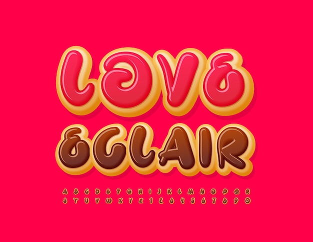 Vector sweet poster Love Eclair Choco icing Font Artistic style Cake Alphabet Letters and Numbers