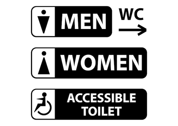 Vector symbols set toilet icons, girls and boys restroom black colors fill rectangle