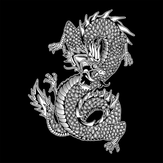 Vector vector t shirt design dragon with black and white vintage illustration