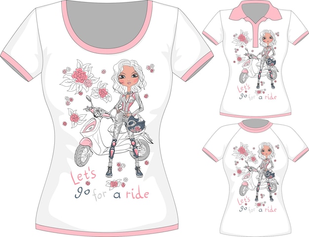 Vector vector t-shirt with fashion girl and scooter