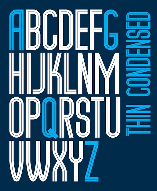 Vector tall condensed capital English alphabet letters collection made with white lines, can be used in poster design as newspaper advertising