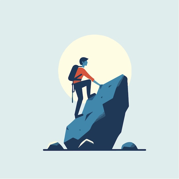 vector of a teenager climbing a rock in a flat design style