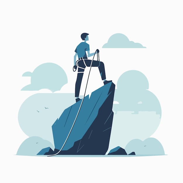 vector of a teenager climbing a rock in a flat design style