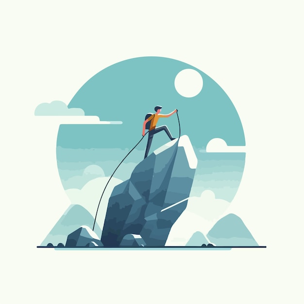 vector of a teenager climbing a rock in a flat design style