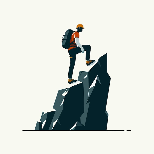 vector of a teenager climbing a rock in a flat design style