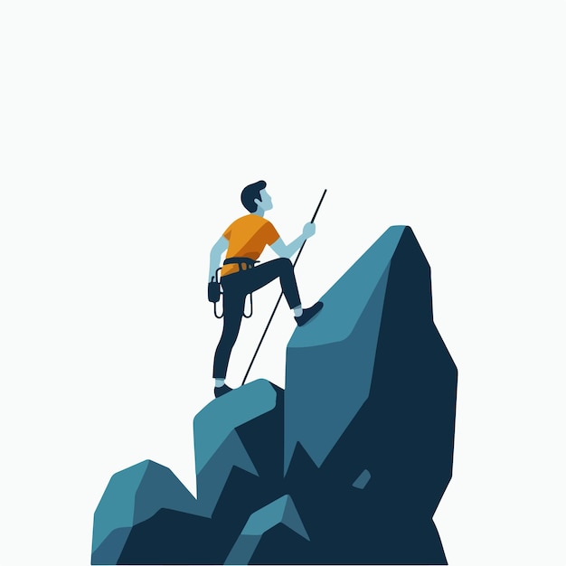 vector of a teenager climbing a rock in a flat design style