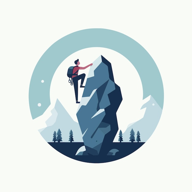 Vector vector of a teenager climbing a rock in a flat design style