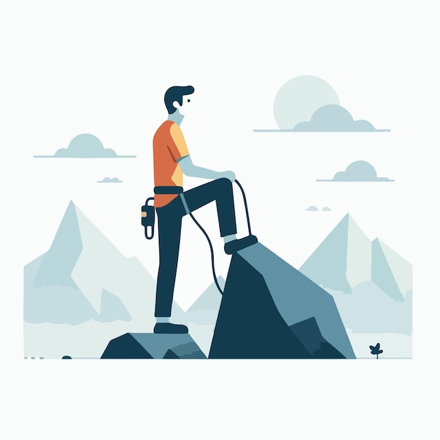 vector of a teenager climbing a rock in a flat design style