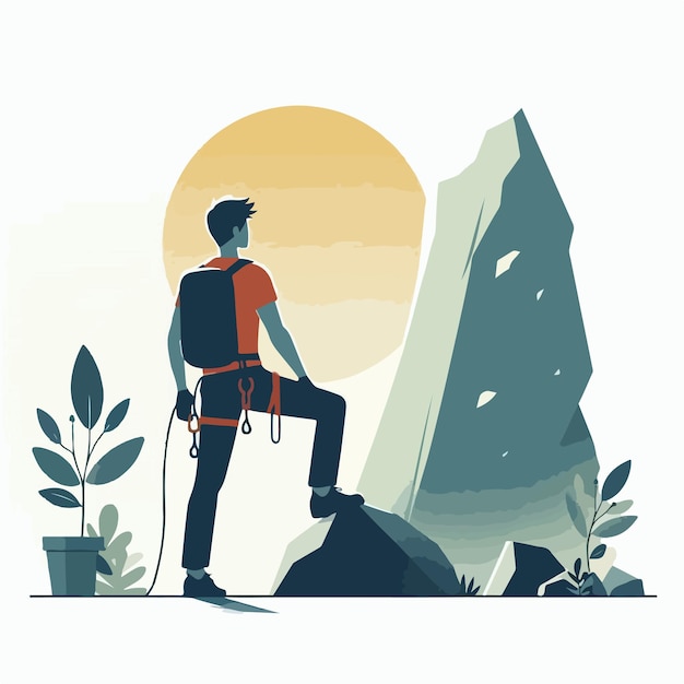 Vector vector of a teenager climbing a rock in a flat design style