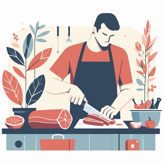 Vector vector teenager cutting meat in flat design style