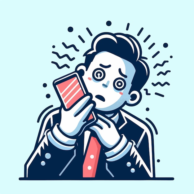 vector of a teenager who is dizzy looking at a smartphone in a flat design style