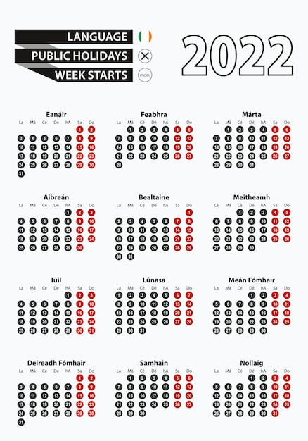 Vector template calendar 2022 with number in circles, simple Irish calendar for year 2022.