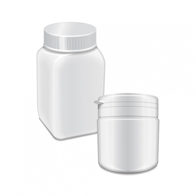 Vector template of white plastic bottle with screw cap for medicine, pills, tabs.