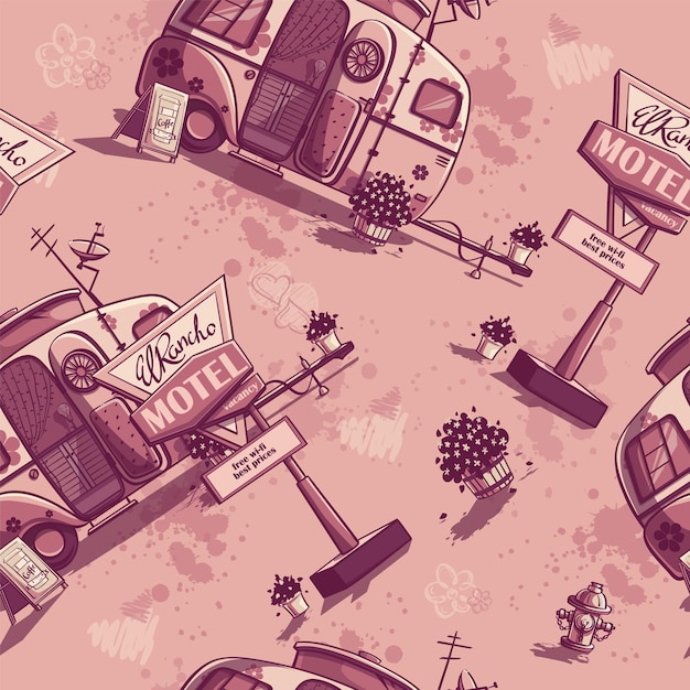 Vector texture illustration trailer motel in a pink color